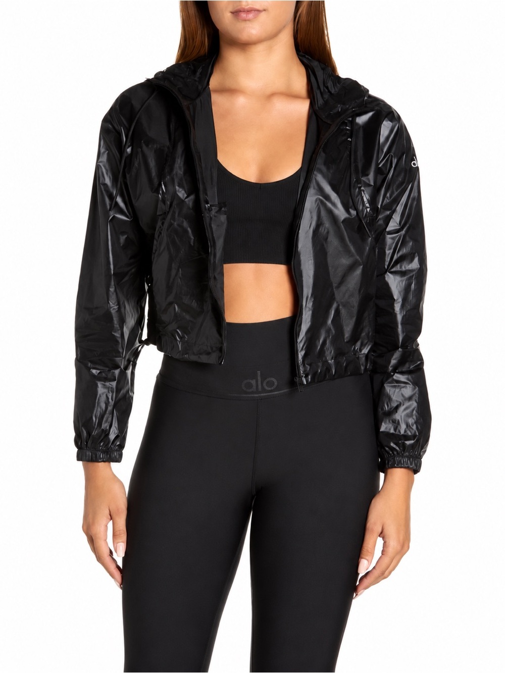 ALO YOGA Sprinter Hooded Crop Jacket In Black Size small